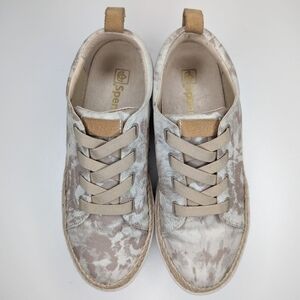 Spenco canvas sneakers slip on tan white Malibu tie-dye espadrilles size 8.5